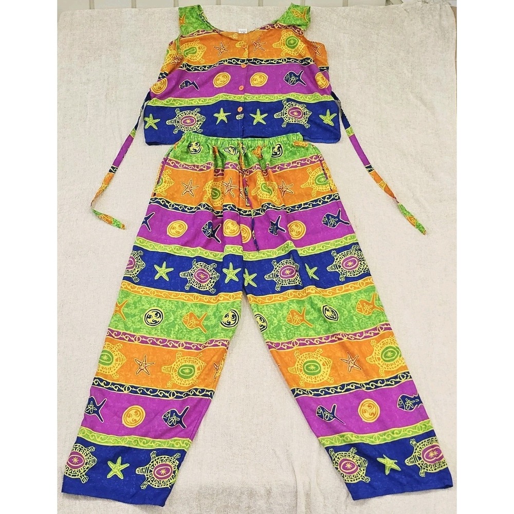 EUC VTG Vibrant Rima Harem Pants & Crop Top Set Size Large 100% Terivoile